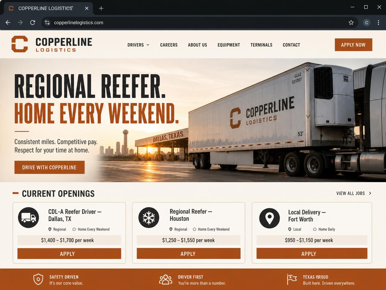 Concept website design for a regional reefer trucking company focused on driver recruiting