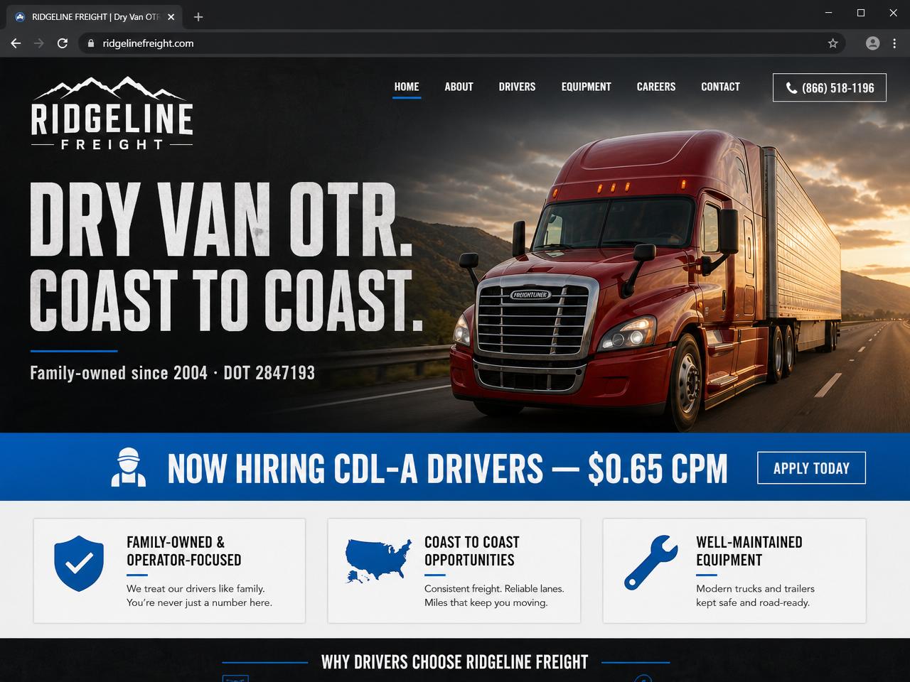 Concept website design for a dry van OTR trucking company with a driver hiring banner
